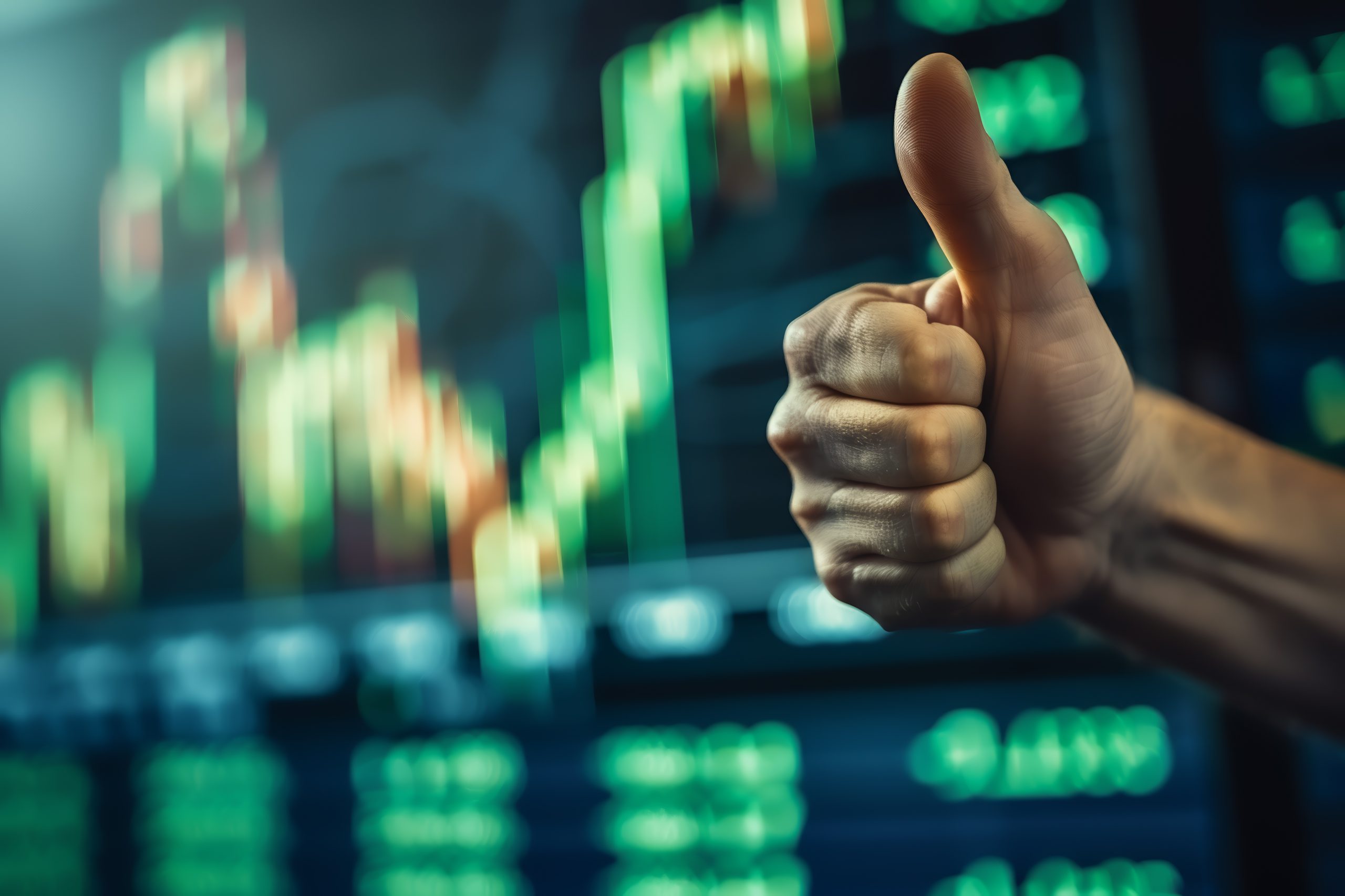 Positive feedback concept, thumb up with a bull stock market green graph backdrop, focusing on the gesture of approval thumbs up